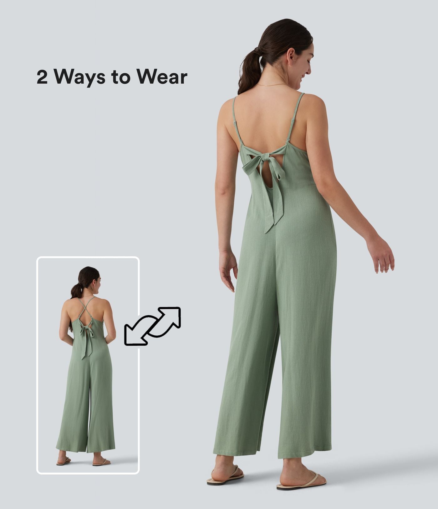 Combinaison casual large en lin sans manches, dos nu avec bretelles réglables et lien dans le dos