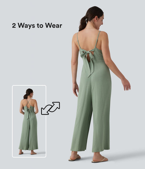 Combinaison casual large en lin sans manches, dos nu avec bretelles réglables et lien dans le dos