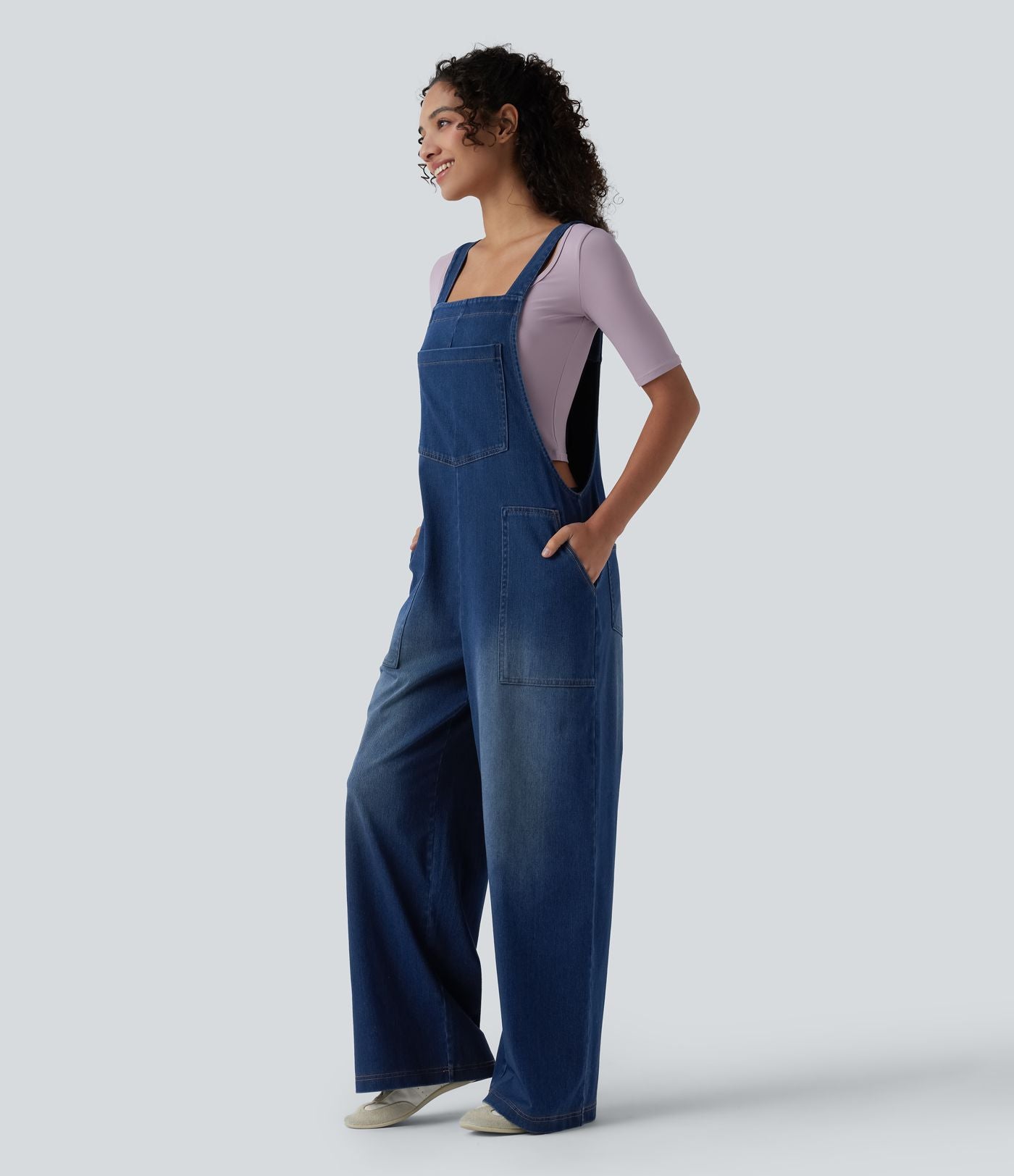 Salopette denim Halara Flex™ col carré effet délavé avec poches