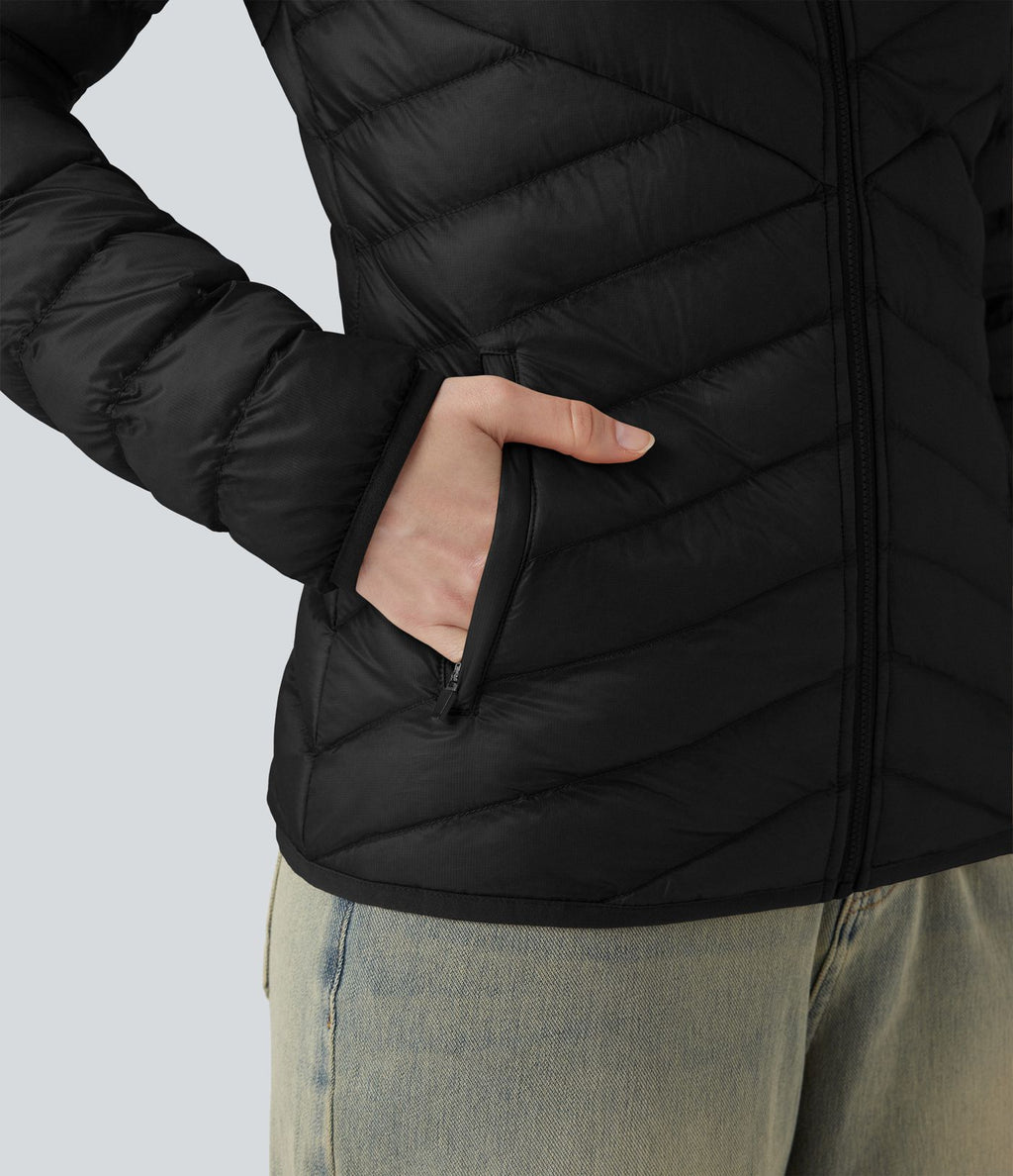 Veste casual compactable en duvet synthétique zippée à col montant et manches longues avec poches