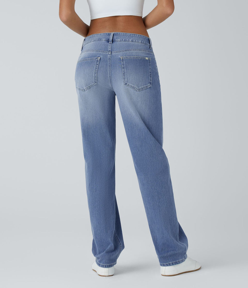 Jean décontracté Halara Flex™ taille basse à jambes droites avec bouton, fermeture éclair, multiples poches, effet délavé en maille extensible