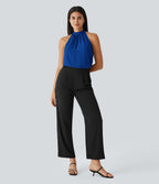 Blouse Travail Sans Manches Ourlet Courbé Col Haut Découpe au Dos Plis