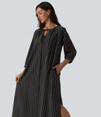 Robe midi casual à rayures aspect lin col V avec nœud, manches 3/4 fendues et poches