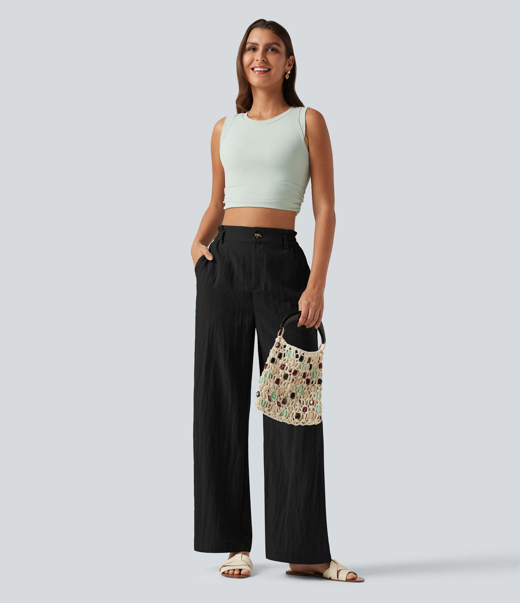 Pantalon décontracté taille haute à jambes larges en mélange de lin avec poches