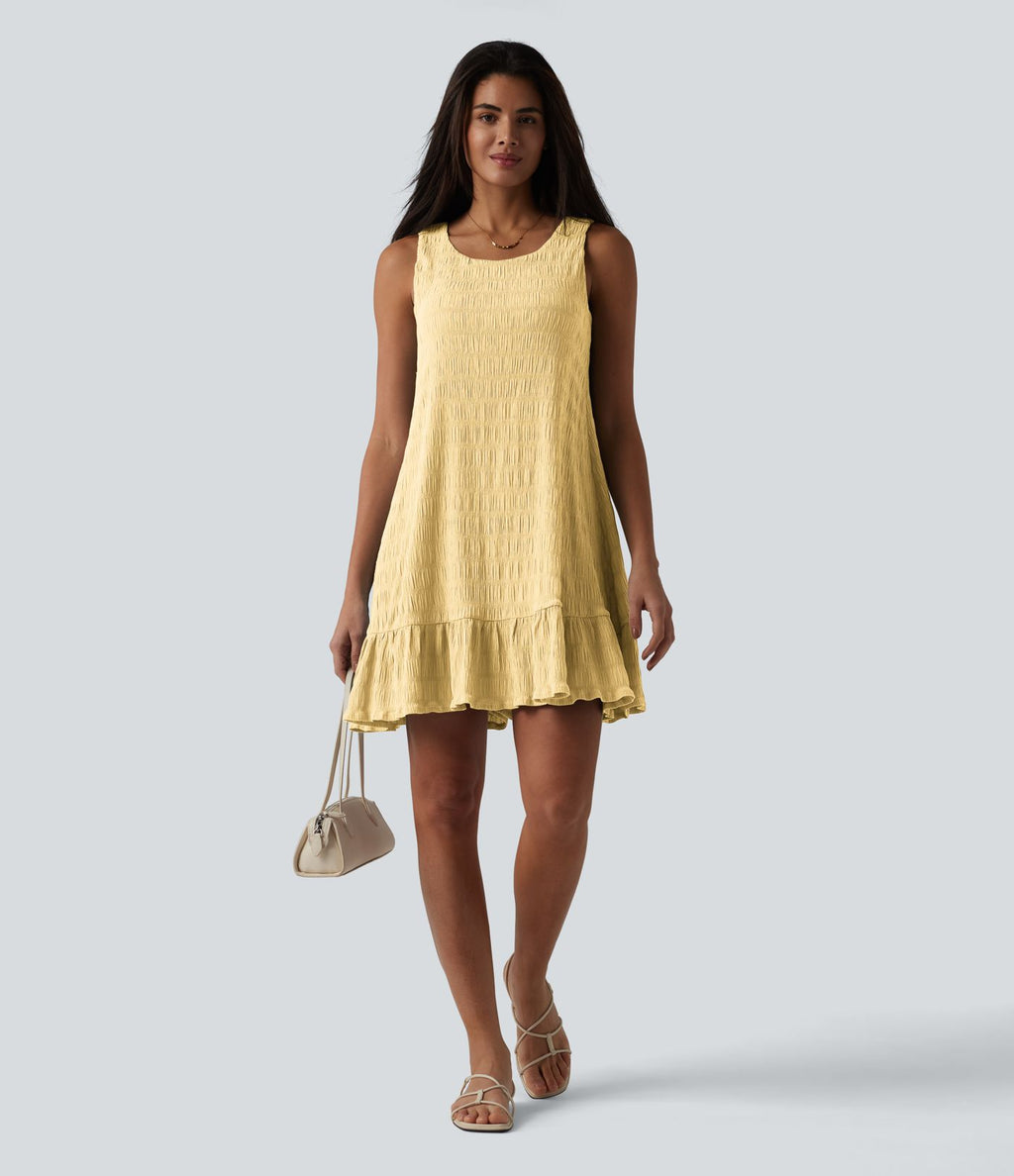 Robe courte décontractée sans manches à col rond, soutien-gorge intégré et ourlet à volants