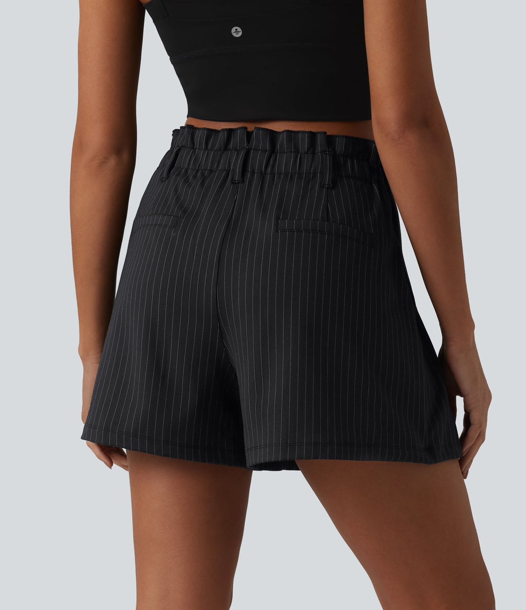 Short plissé taille haute à rayures avec volants et poches – 10 cm