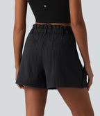 Short plissé taille haute à rayures avec volants et poches – 10 cm