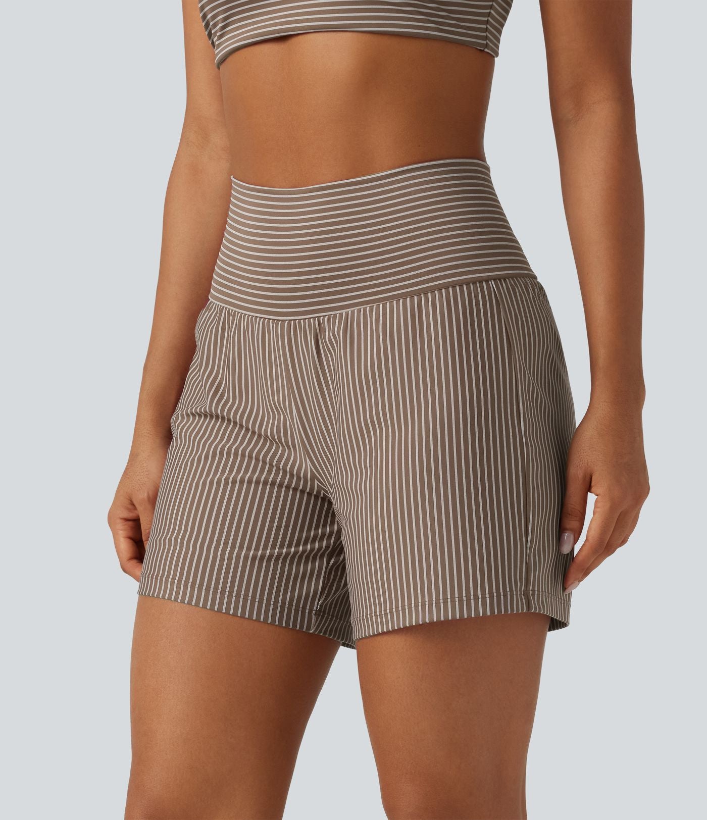 Short de yoga 2-en-1 à rayures, taille très haute, 12,5 cm, à poches