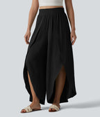 Pantalon large fluide décontracté taille haute aspect lin