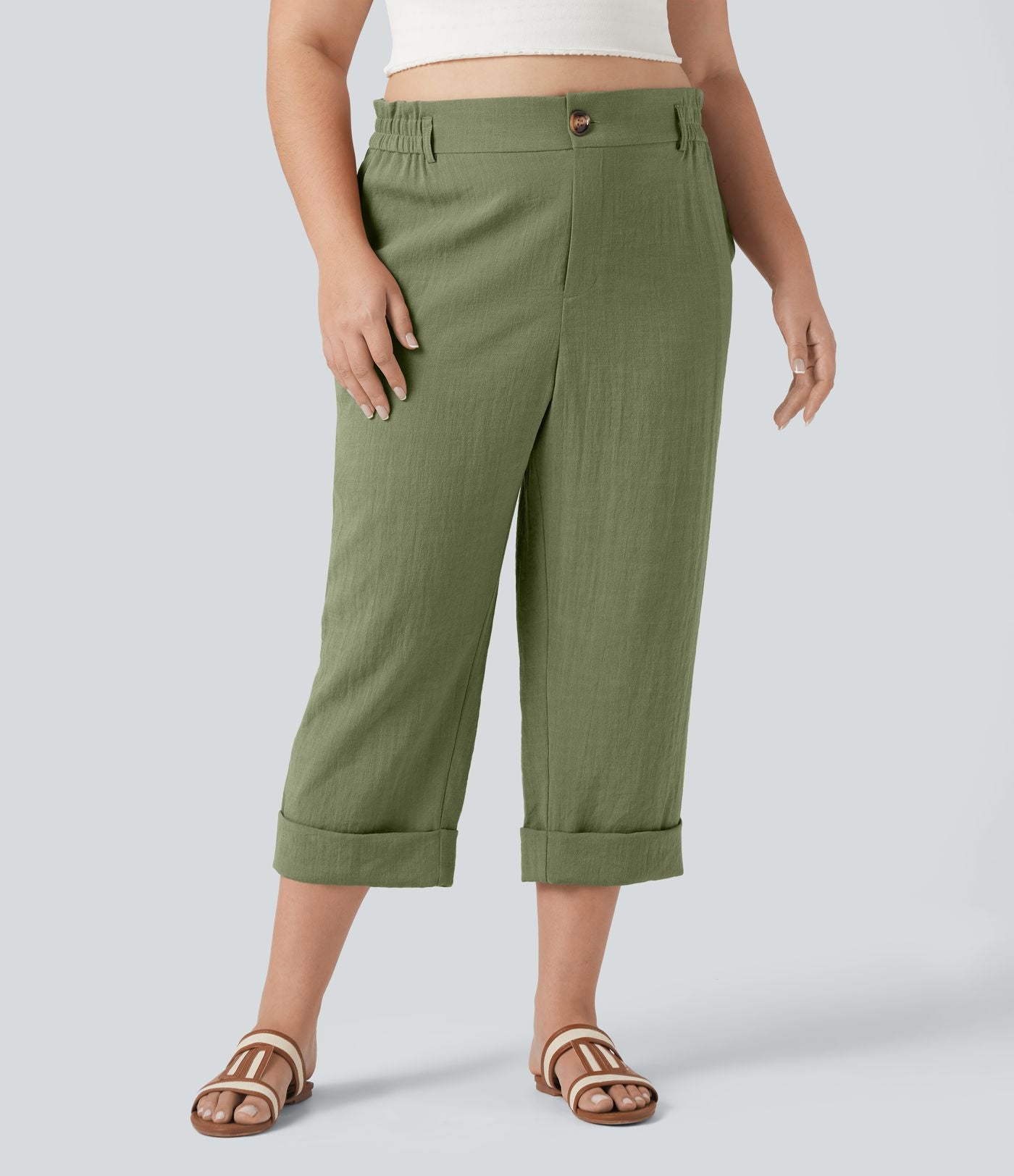 Pantalon de villégiature capri effet lin, grande taille, taille haute, avec poches