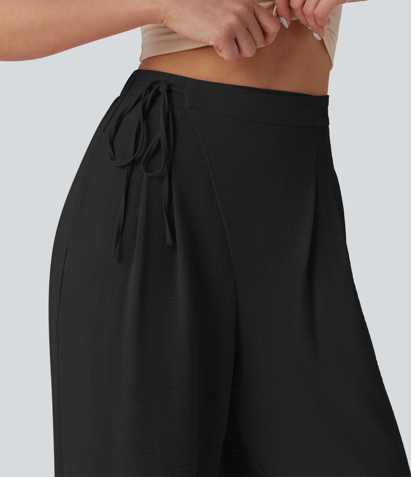 Pantalon détente  effet lin taille haute, cordon latéral avec poches
