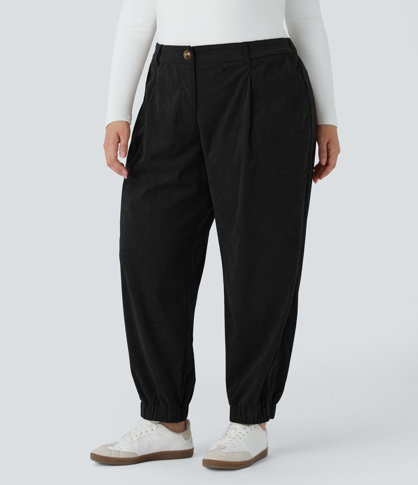 Pantalon décontracté en velours côtelé taille mi-haute grande taille avec bouton, fermeture éclair et poches multiples
