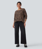 Sweat décontracté oversized col rond manches longues maille gaufrée léopard avec poches