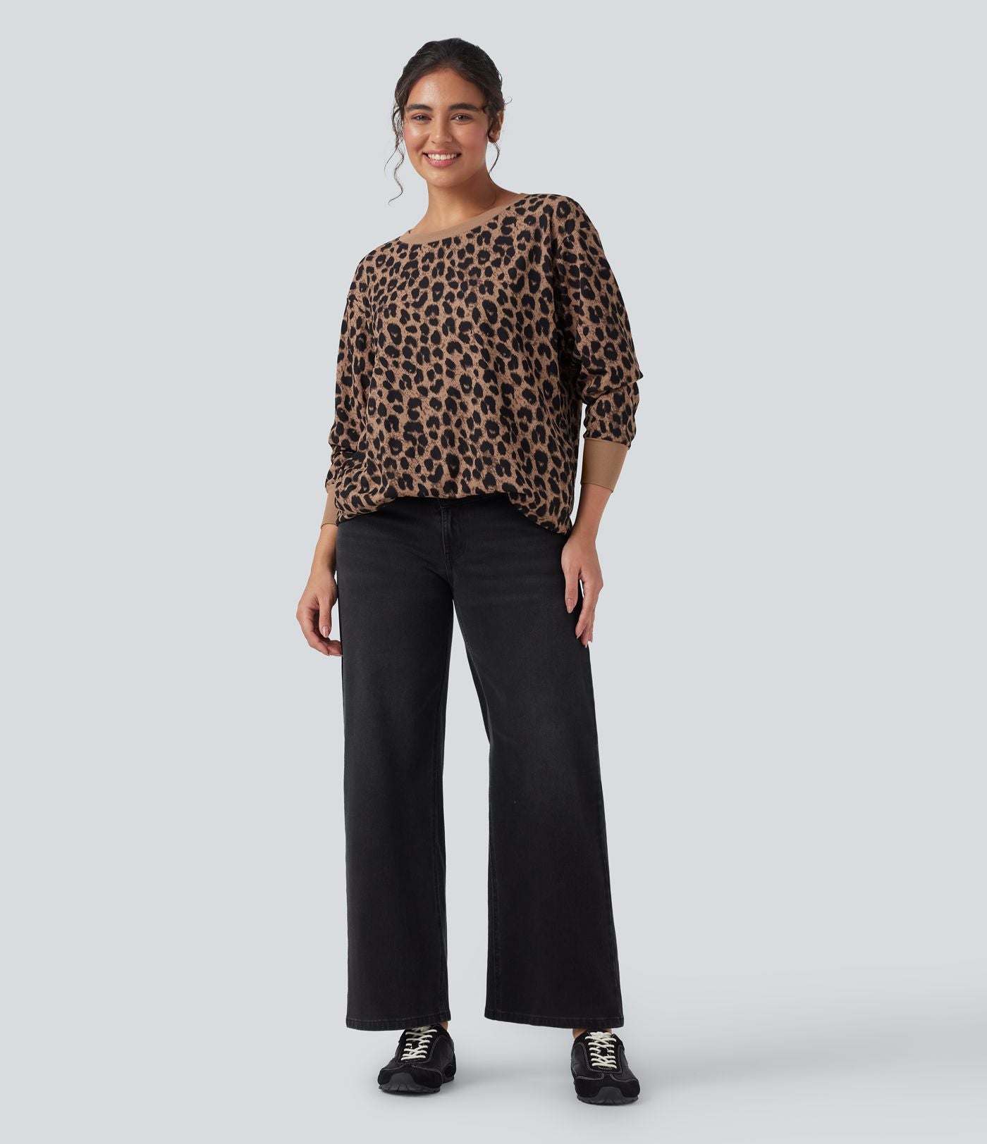 Sweat décontracté oversized col rond manches longues maille gaufrée léopard avec poches