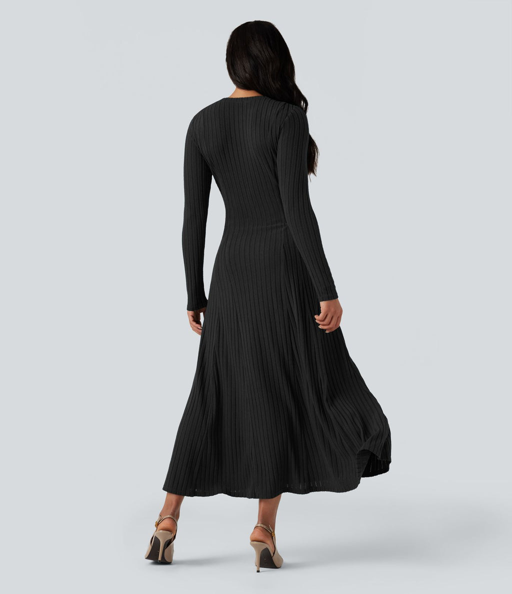Robe longue fluide maille côtelée col henley manches longues