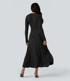 Robe longue fluide maille côtelée col henley manches longues