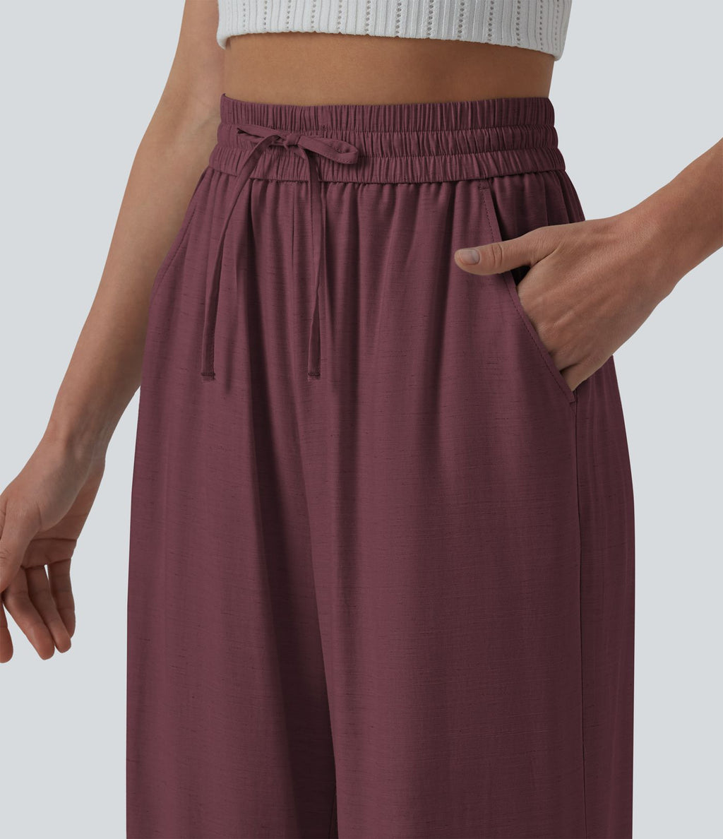 Pantalon casual large fluide mélange lin taille haute avec cordon de serrage et poches