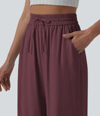 Pantalon casual large mélange lin taille haute avec cordon de serrage et poches