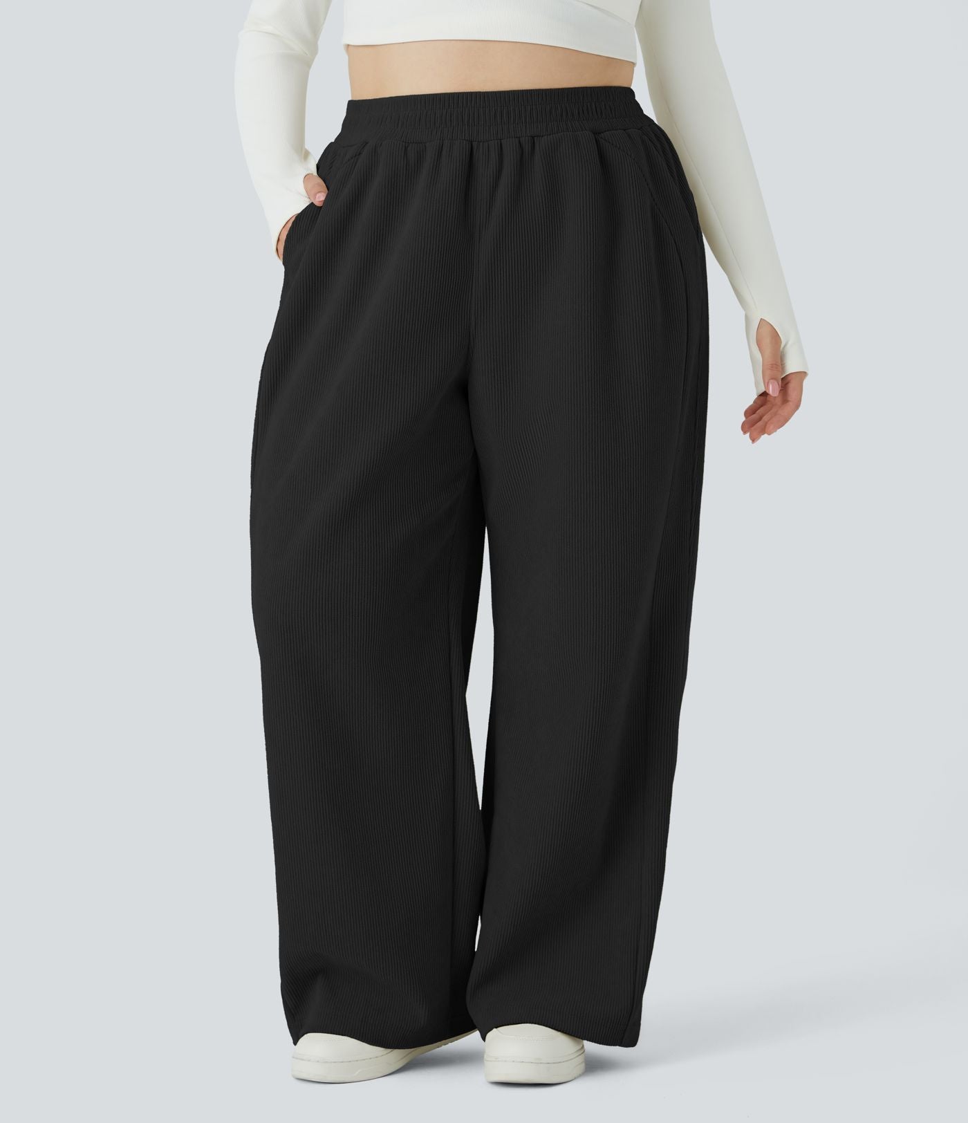 Pantalon décontracté grande taille en velours côtelé coupe droite taille haute avec poches latérales