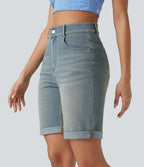 Bermuda décontracté en jean extensible délavé Halara Flex™ taille haute avec revers et multiples poches
