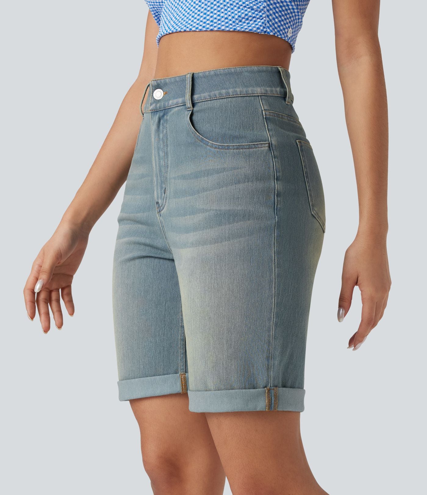 Bermuda décontracté en jean extensible délavé Halara Flex™ taille haute avec revers et multiples poches