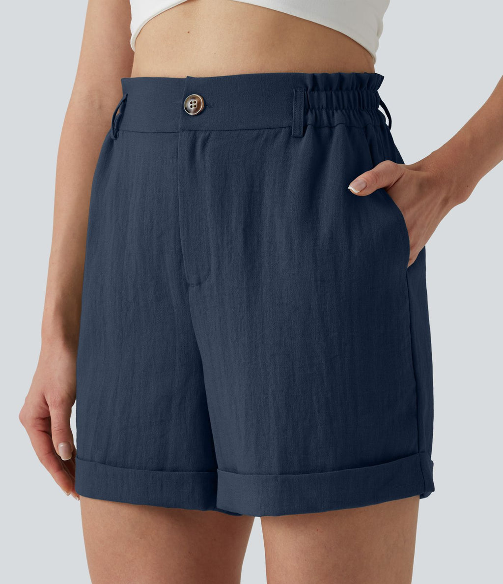 Short resort 12,5 cm taille haute effet lin avec ourlet roulotté et poches