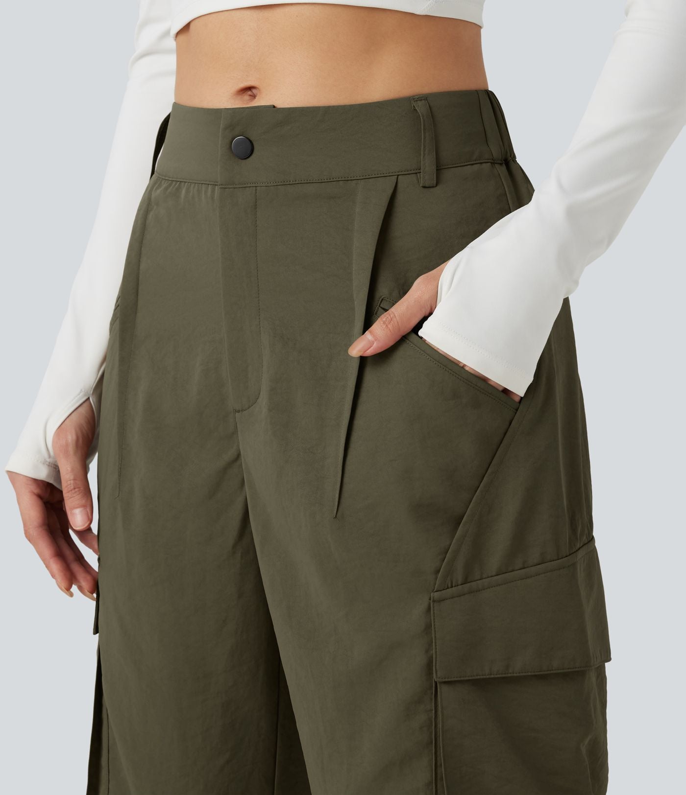 Jogging cargo décontracté, taille moyenne, à poches
