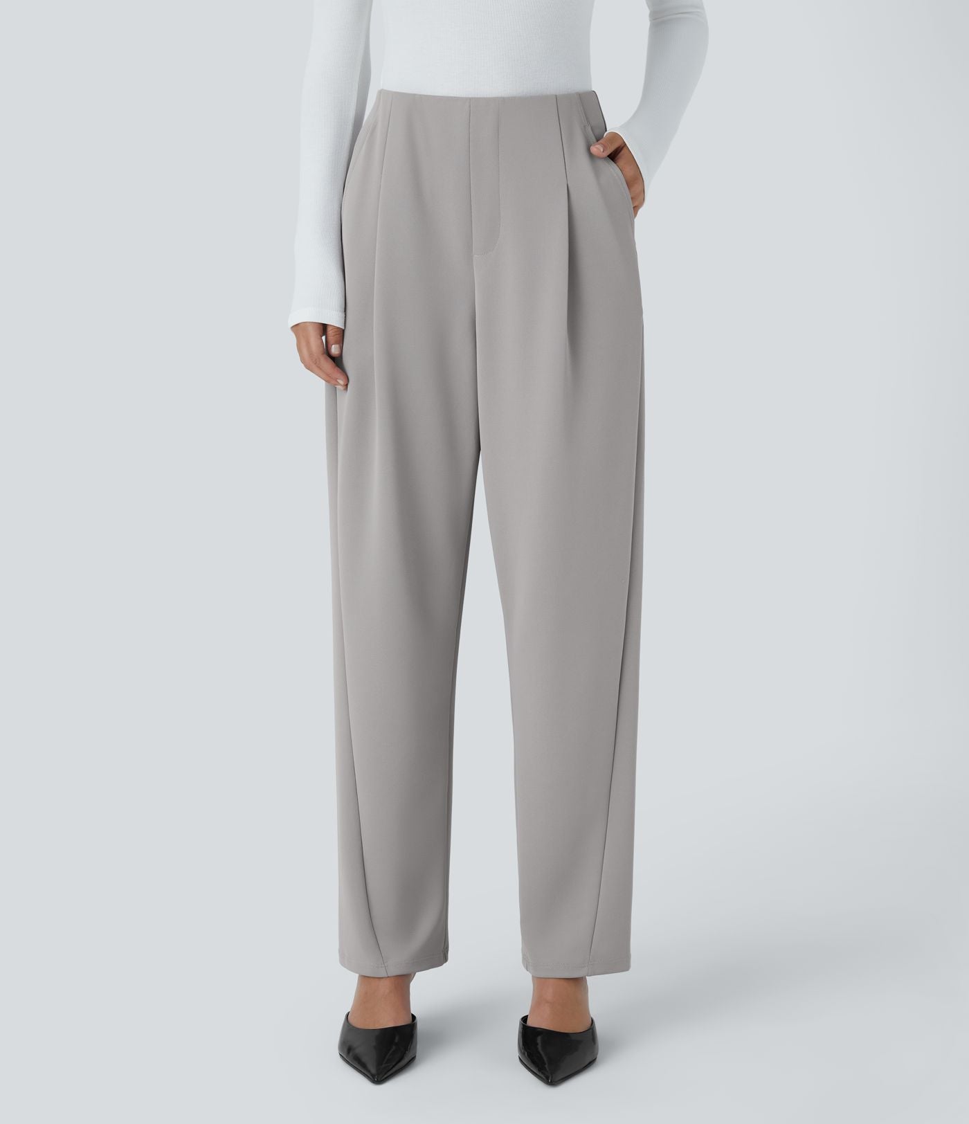 Pantalon décontracté barrel droit en crêpe, taille haute, avec poches
