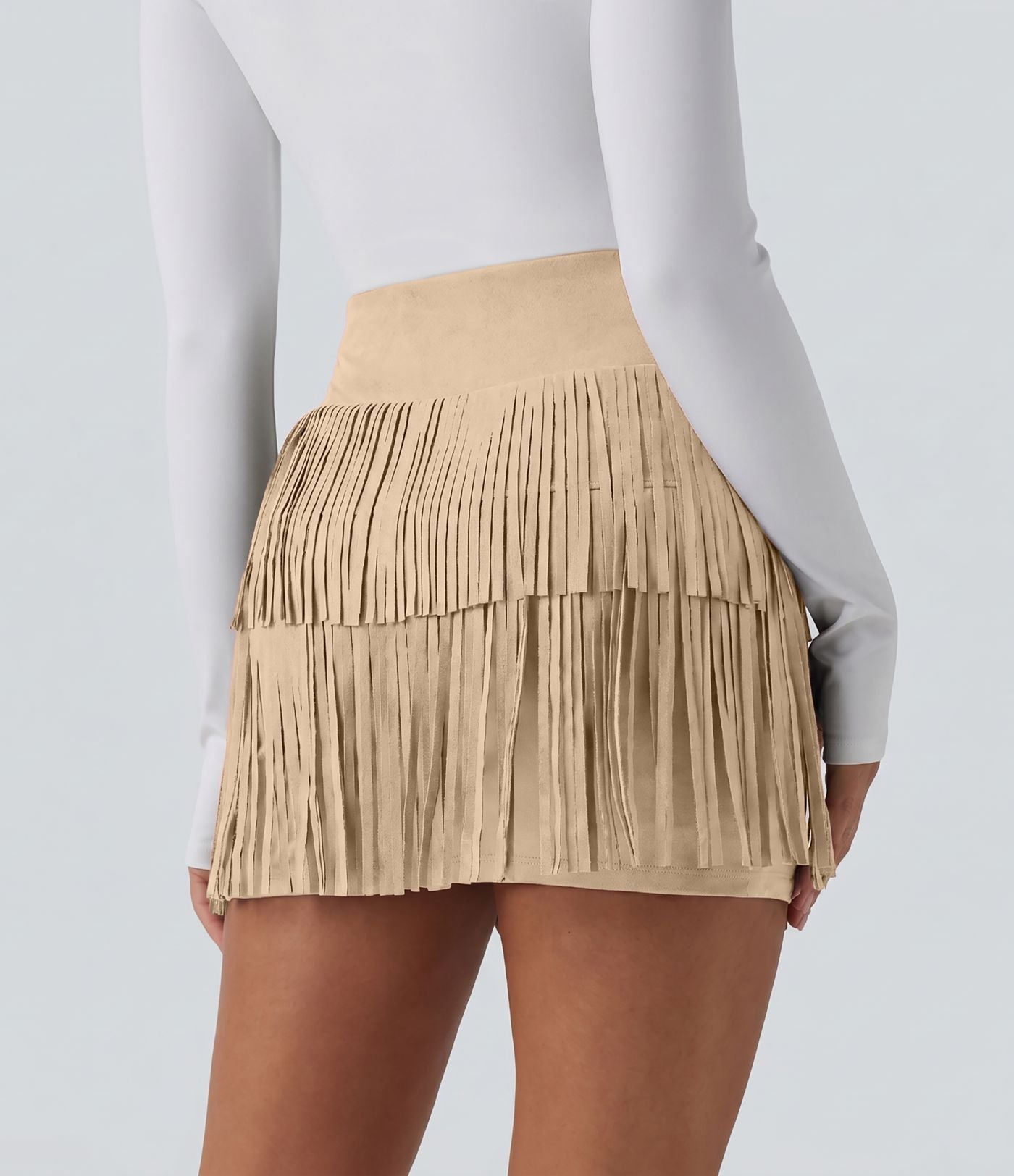 Jupe mini de soirée ajustée effet daim taille haute croisée 2-en-1 à franges