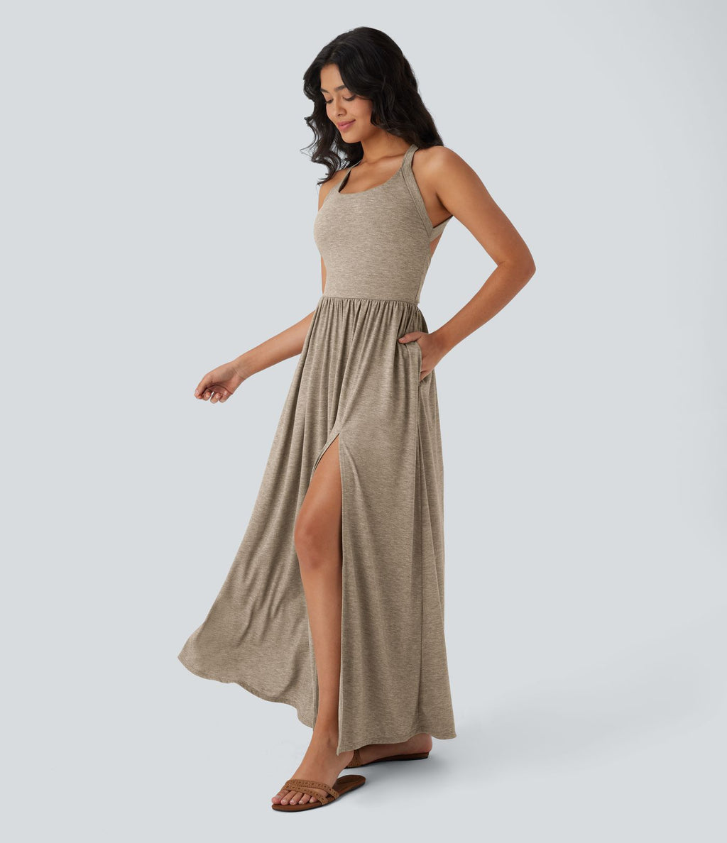 Robe longue fluide fendue avec poches latérales, dos nu et effet torsadé
