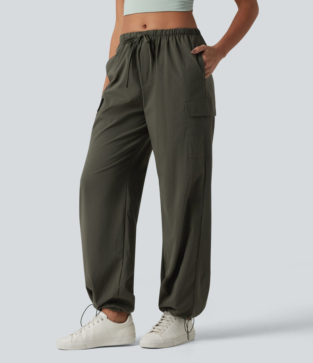 Pantalon cargo casual droit taille mi-haute avec cordon de serrage et poches