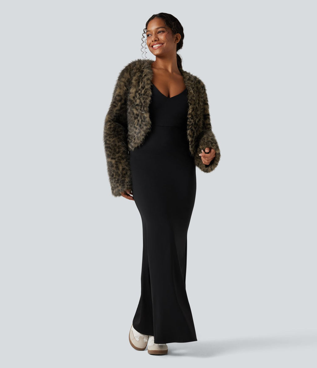 Manteau cape fausse fourrure col V manches longues