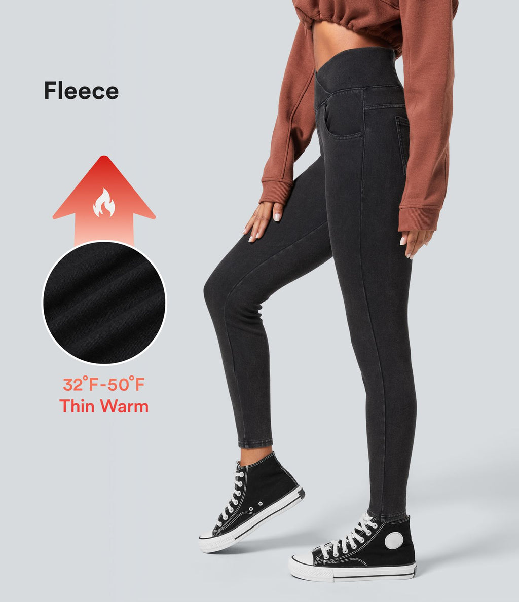 Halara Flex™ Denim Heat Legging casual 7/8 taille haute croisée avec poches