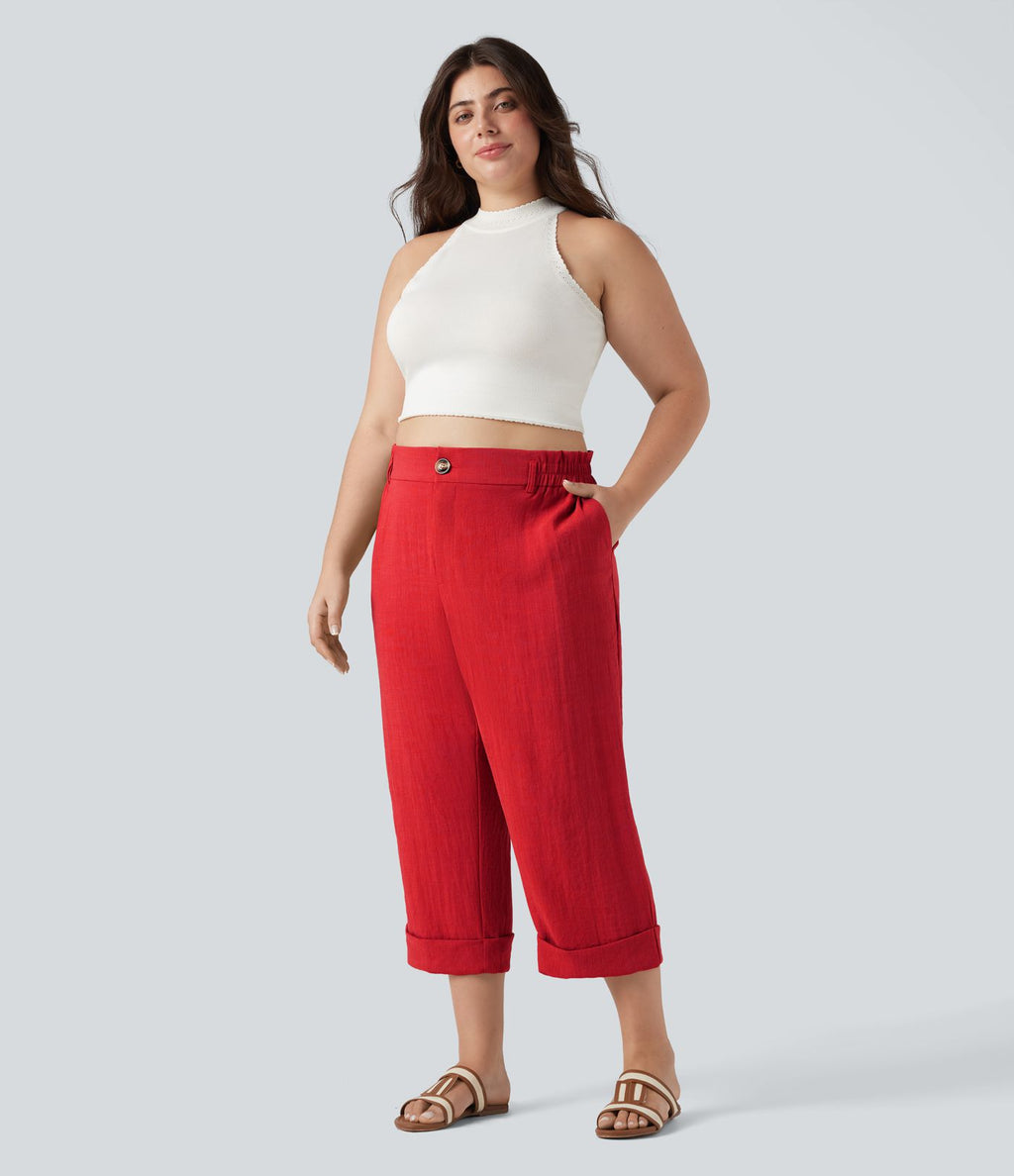 Pantalon de villégiature capri effet lin, grande taille, taille haute, avec poches
