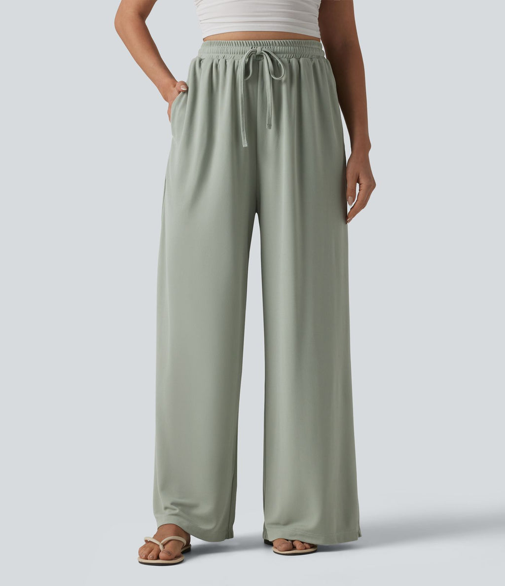 Pantalon large taille haute avec cordon de serrage et poches