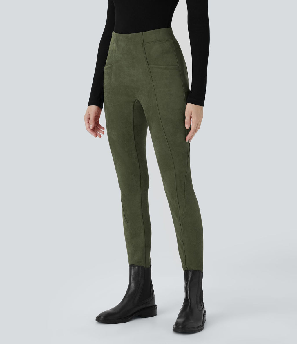 Legging décontracté en suédine taille haute, gainant, avec poches latérales