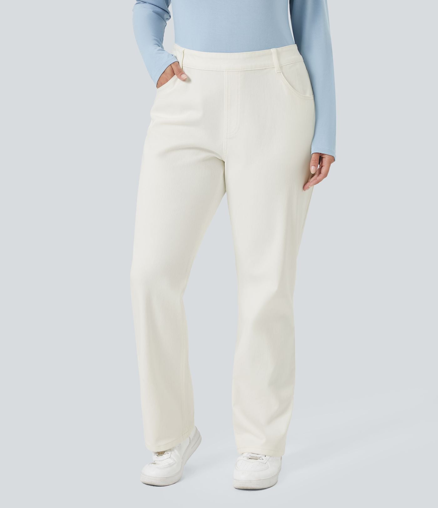 Jean décontracté Halara Flex™ grande taille, taille haute, multiples poches, jambes droites, effet délavé, en maille extensible