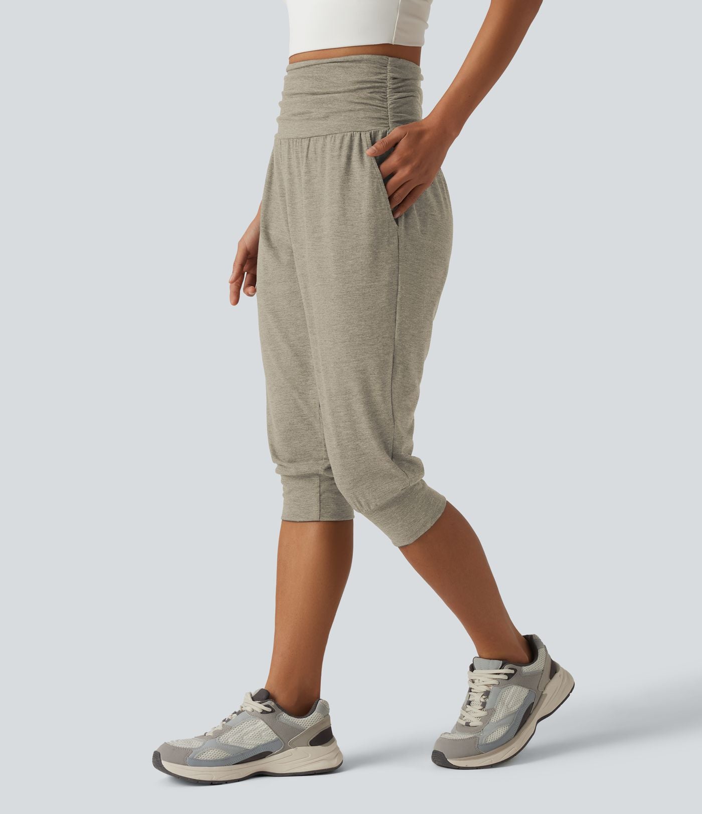 Jogging yoga corsaire chiné taille haute à fronces avec poches