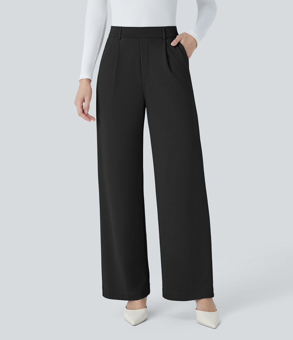 Halara Flex™ Pantalon Tailleur Droit à Taille Haute avec Pli Poches Latérales en Crêpe