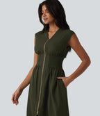 Robe tailleur midi col V sans manches fermeture éclair bidirectionnelle avec poches