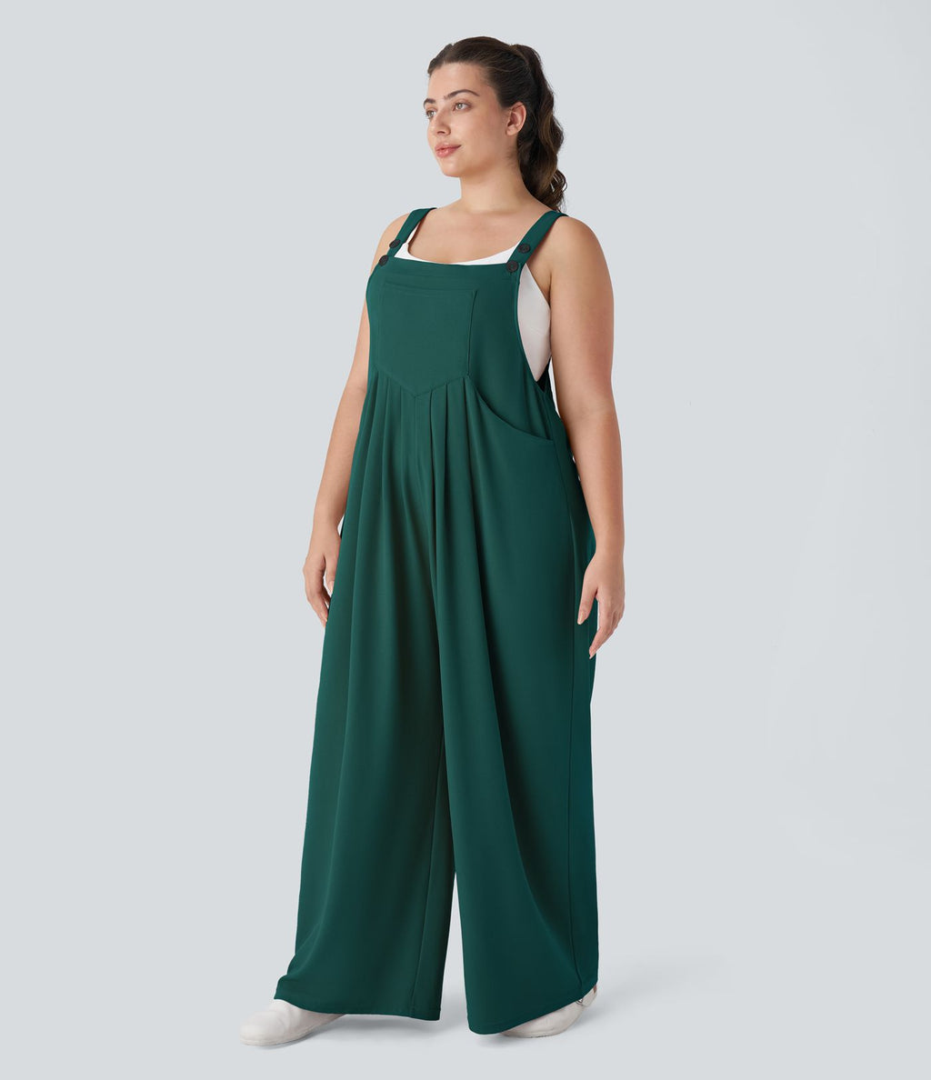 Salopette Casual Grande Taille en Gaufré avec Bretelles Ajustables Boutons et Poches Multiples