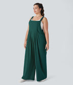 Salopette Casual Grande Taille en Gaufré avec Bretelles Ajustables Boutons et Poches Multiples