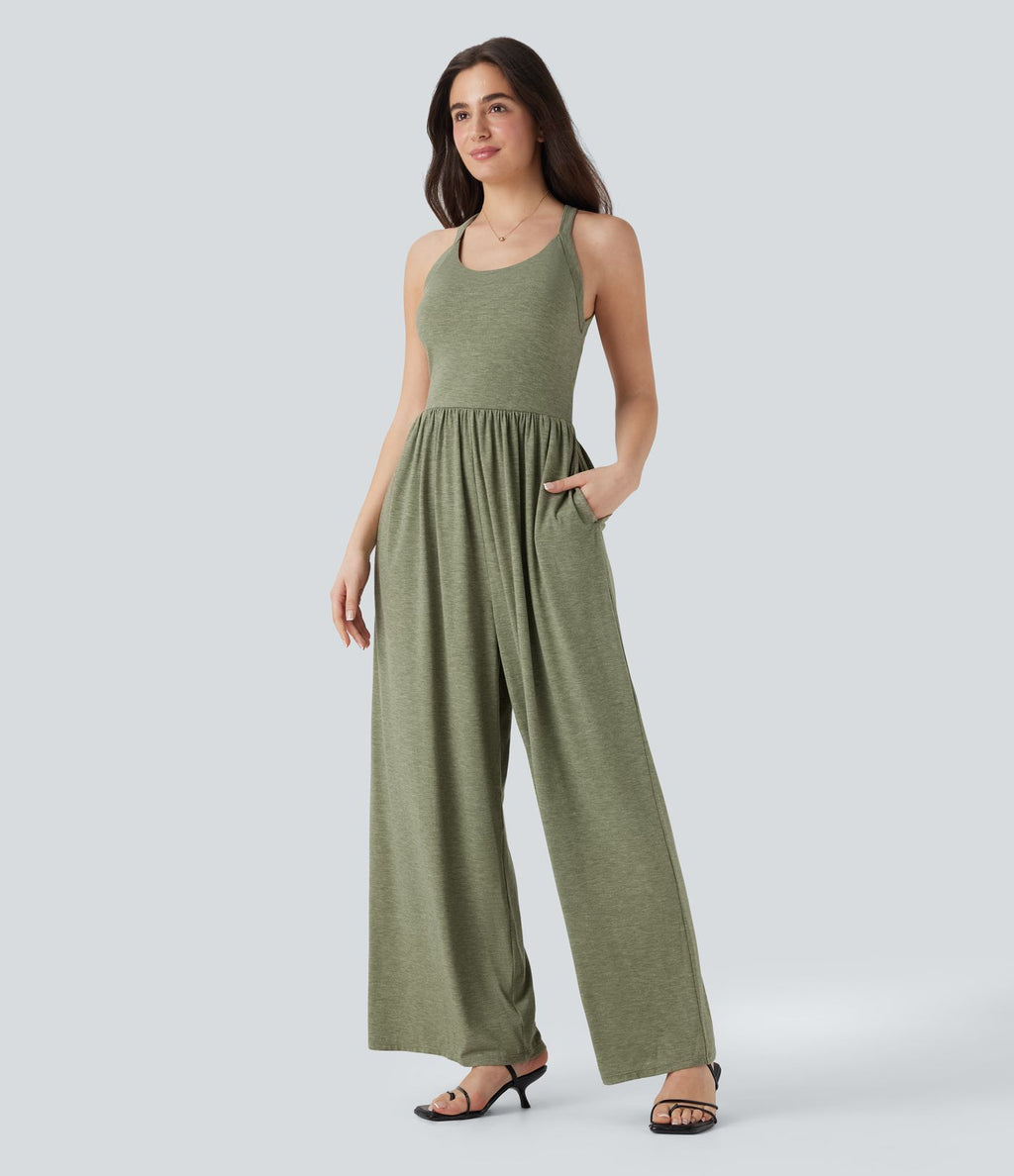 Combinaison décontractée dos nu torsadée large fluide avec brassière intégrée et poches - Easy Peasy Edition