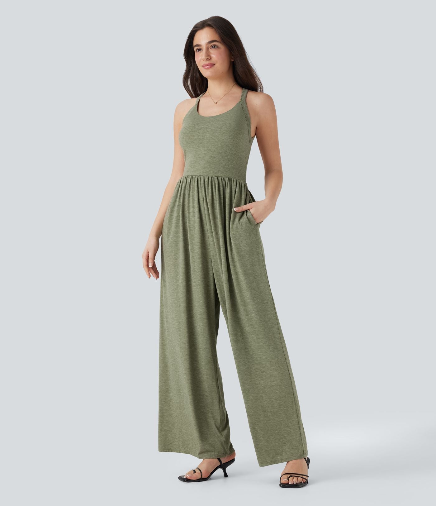 Combinaison décontractée dos nu torsadée large fluide avec brassière intégrée et poches - Easy Peasy Edition