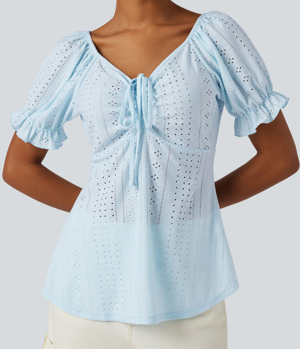 Blouse décontractée col V manches courtes bouffantes lacée ajourée