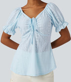 Blouse décontractée col V manches courtes bouffantes lacée ajourée