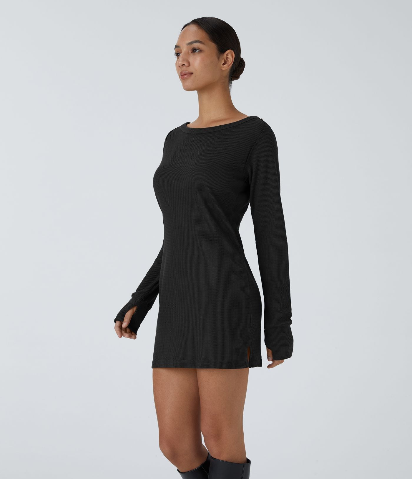 Robe Sweatshirt Casual Col Bateau Manches Raglan Avec Trous Pour Les Pouce Ourlet Fendu en Waffle