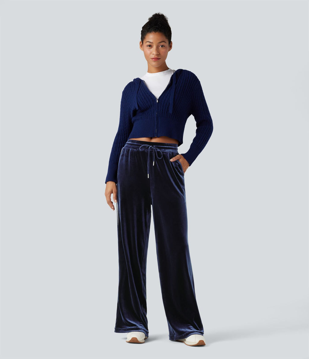 Pantalon décontracté droit en velours, taille mi-haute, avec cordon et poches