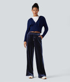 Pantalon décontracté droit en velours, taille mi-haute, avec cordon et poches