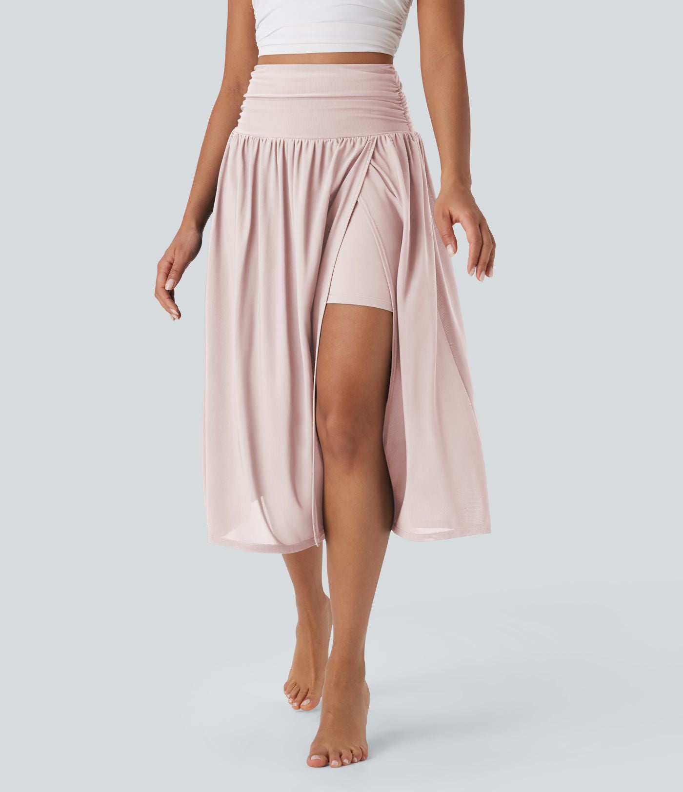 Jupe de danse mi-longue fluide 2-en-1 taille haute, fendue avec poche latérale